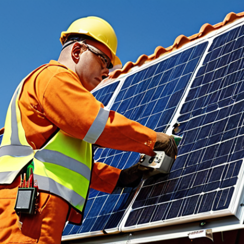 **Image Prompt:** An electrician demonstrating safe electrical work practices with tools, emphasizing safety compliance and showcasing up-to-date renewable energy tech (solar panels). The style should be realistic and informative.