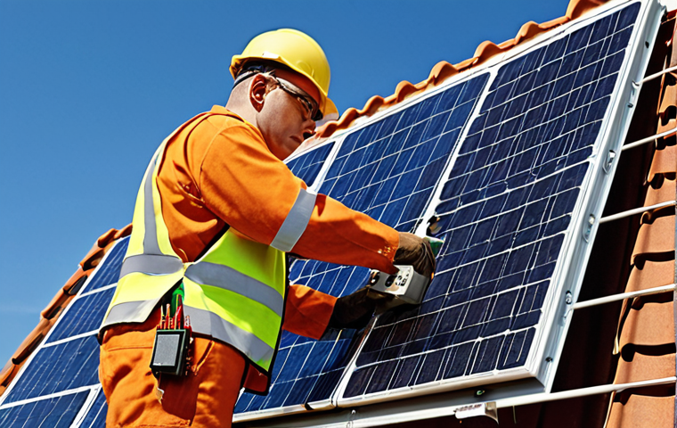 **Image Prompt:** An electrician demonstrating safe electrical work practices with tools, emphasizing safety compliance and showcasing up-to-date renewable energy tech (solar panels). The style should be realistic and informative.